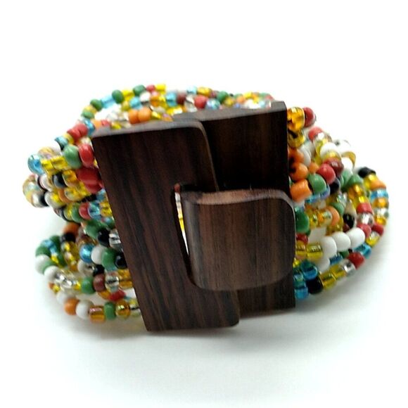 Glass Beaded Stretch Bracelet 14 Strand Wood Buckle Multi-colored - Picture 11 of 14